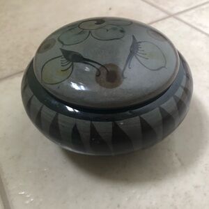 Mexican / pottery trinket dish with lid/ water color floral design